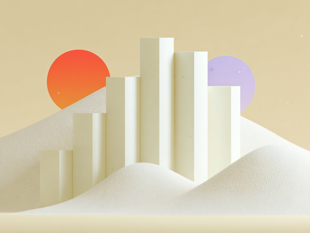 Gestufte Pyramide mit separaten Terrassen im Zentrum, niedrige Vorderstufe, weite Hintergrundfläche, matte beige Oberflächen, lange Schatten.