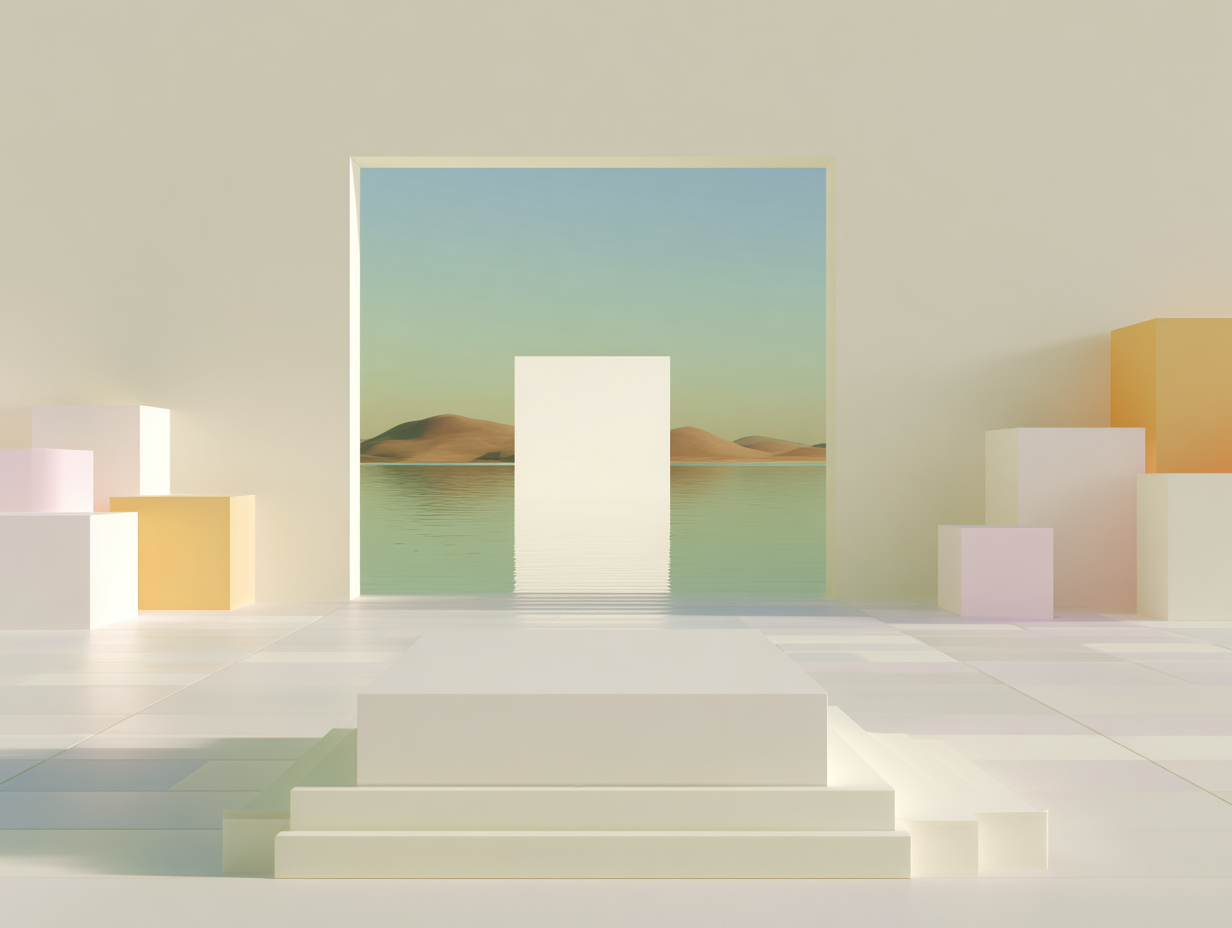 #1 alt_description
Plaques arquées empilées, dalles rectangulaires flottantes, petits cubes au premier plan et un monolithe en arrière, surfaces mates et espace vide

#2 alt_description
Série de prismes rectangulaires ascendants en 3D, prismes échelonnés au centre, un fin curseur à côté, surfaces mates

#3 alt_description
Tampon circulaire 3D sur socle, empreintes circulaires alignées au milieu, surfaces mates et microtexture

#4 alt_description
Grille de tuiles 3D évoquant une carte, une tuile surélevée avec une petite colonne, lignes gravées et surfaces mates