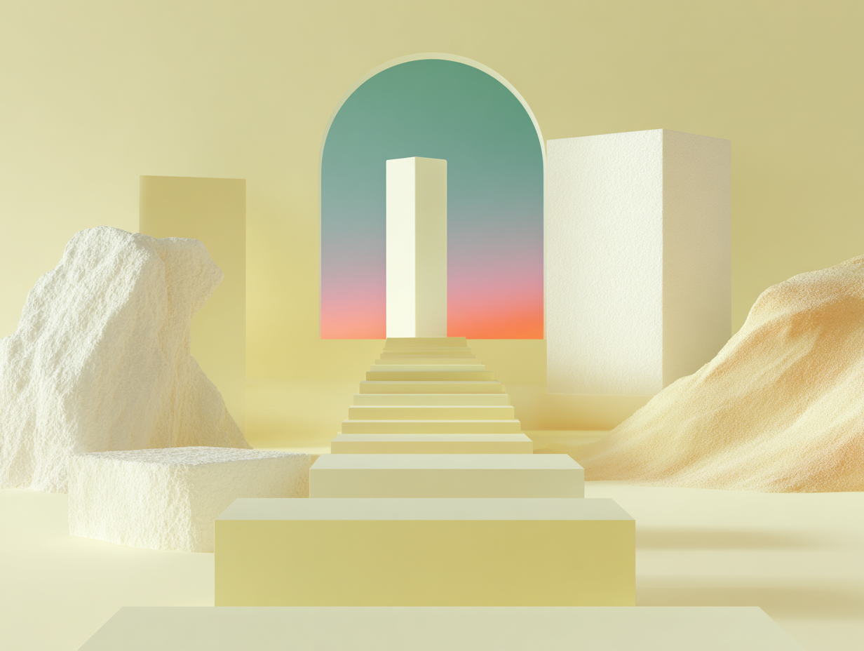 #1 alt_description
Composition 3D minimaliste de plaques rectangulaires empilées en progression, sphères lisses et monolithe arrière, surfaces mates beiges, éclairage doux.
#2 alt_description
Grande clé 3D minimaliste posée sur un socle circulaire, surfaces beiges mates, microtexture subtile, arrière-plan dégagé.
#3 alt_description
Obélisque de chandeliers 3D devant une façade boursière stylisée, colonnes épurées, surfaces beiges mates, ombres douces.
#4 alt_description
Maquette minimaliste d'un immeuble modulaire en cubes empilés sur un socle fin, textures mates beiges, arrière-plan dégagé.