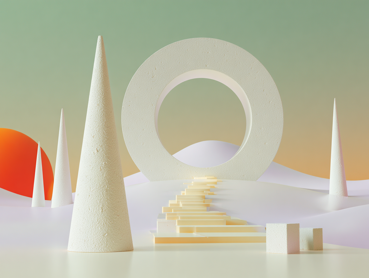 #1 alt_description
Cône élancé au premier plan, cubes empilés en montée le long de sa face, anneau fragmenté au milieu et obélisques lointains sur fond beige.

#2 alt_description
Bloc rectangulaire mat posé sur un socle bas, surfaces lisses, socles carrés bas à l'arrière et grand espace négatif.

#3 alt_description
Colonne grecque stylisée en 3D beige sur socle circulaire, disques empilés autour et obélisques bas à l'arrière.

#4 alt_description
Maquette d'immeuble minimaliste en cubes empilés avec ouvertures, plateforme inclinée au premier plan et horizon bas de piliers.