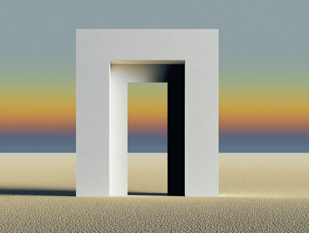 Portail blanc monochrome en forme de cadre rectangulaire, dressé sur une dune de sable, avec une ouverture intérieure plus sombre, devant un ciel dégradé bleu-orangé.