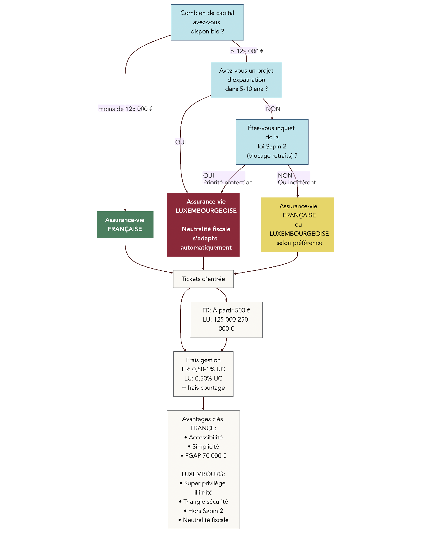Arbre de décision guidant le choix entre assurance vie française et assurance vie luxembourgeoise selon le montant disponible, un projet d'expatriation et la priorité donnée à la protection type loi Sapin 2 ou super privilège.