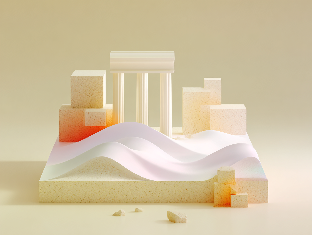 #1 alt_description
Plates empilées et trois dalles inclinées divergent vers des blocs rectangulaires, monolithes lointains, composition 3D monochrome sable.

#2 alt_description
Plateforme basse, colonne verticale à lamelles, deux obélisques minces sur bases rectangulaires, blocs bas à l’arrière-plan, rendu 3D sable.

#3 alt_description
Rack de serveurs stylisé vertical avec fentes lumineuses, plateforme rectangulaire en avant, plaques empilées et panneaux bas à l’arrière-plan.

#4 alt_description
Tuile cartographique en relief avec gravure, dossier rectangulaire scellé posé dessus, trois petits pylônes et blocs bas en arrière-plan.