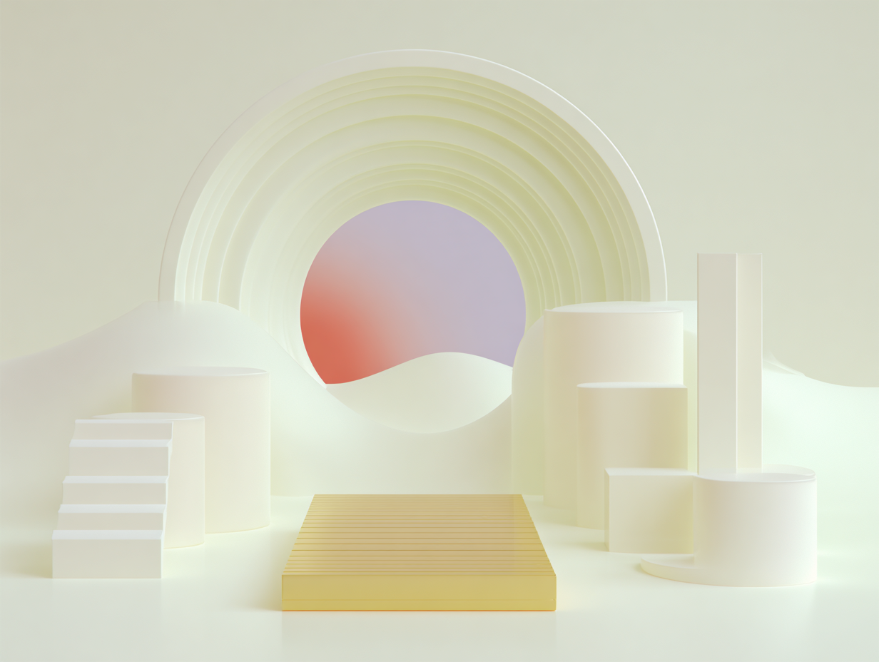 Jeton circulaire fragmenté en segments flottants, petit segment incliné au premier plan, socle circulaire arrière, surfaces mates.