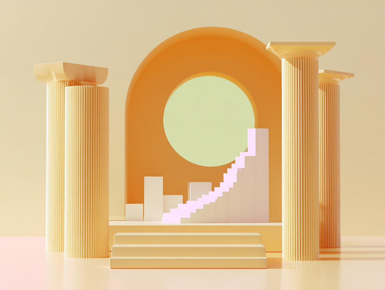 #1 alt_description
Pièces géométriques plates dispersées, rangées de dalles ascendantes menant à une colonne mince sur un plan flottant, surfaces mates et ombres douces

#2 alt_description
Enveloppe 3D ouverte avec cartes rectangulaires imbriquées, surfaces mates, ombre douce, espace négatif en arrière-plan

#3 alt_description
Diagramme de cours 3D en ruban traversant plateaux empilés et piles de disques, surfaces mates, ombres douces

#4 alt_description
Grande carte bancaire 3D abstraite en avant, rangée de cartes fines disposées en retrait, encoches sur le bord, surfaces mates