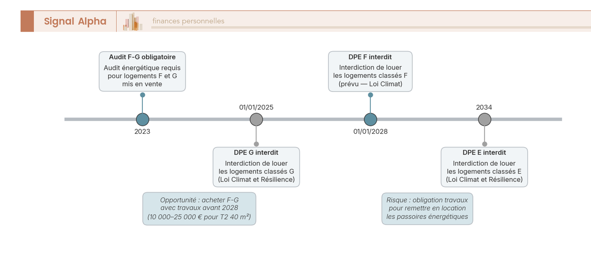 Frise chronologique annotée avec 4 jalons de 2023 à 2034, chaque jalon indiquant la classe DPE concernée et son interdiction de mise en location.
