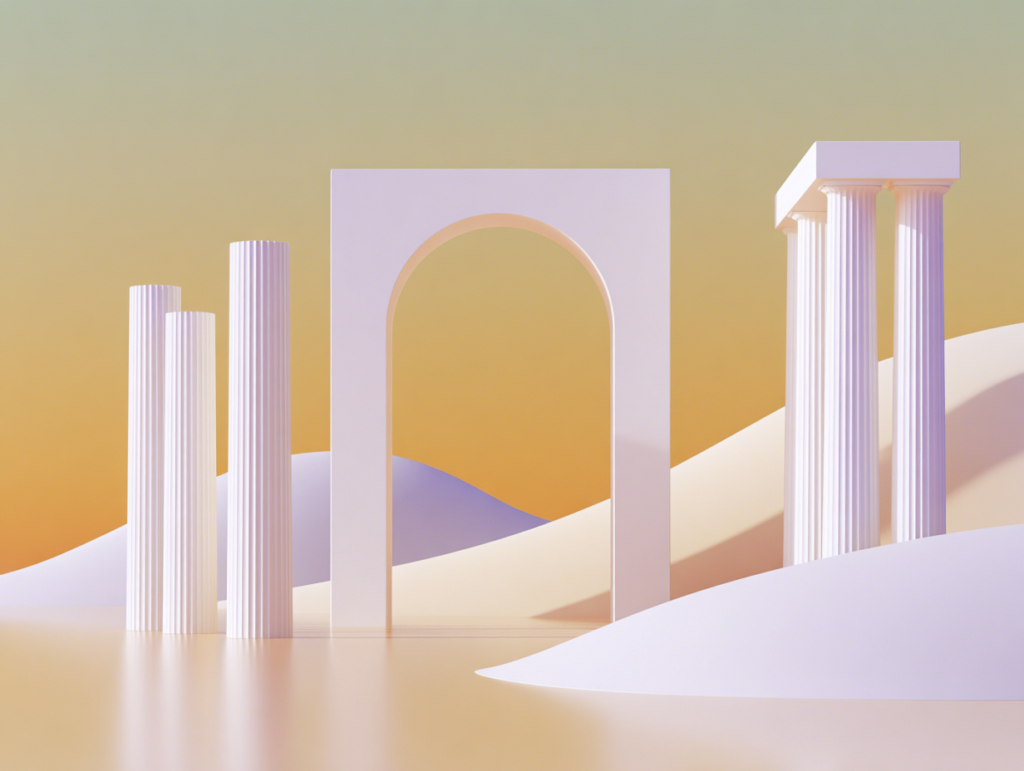 Clé géométrique épurée sur socle rectangulaire, deux tours parallélépipédiques en retrait, colonnes isolées et dalle lisse s étendant vers l horizon