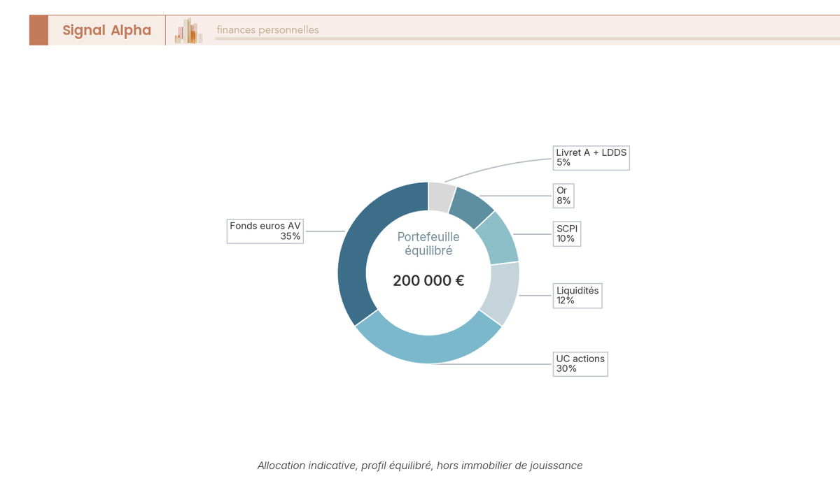 Diagramme en anneau de la composition d'un patrimoine 200 000 EUR, six classes d'actifs avec 8 % d'or d'investissement mis en evidence.
