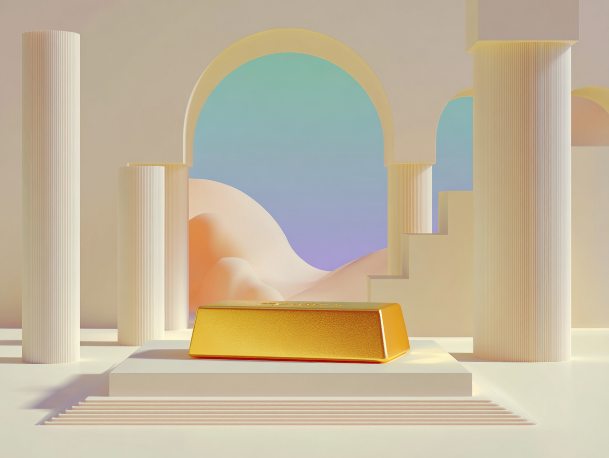 Bloc rectangulaire métallique lisse posé sur un socle bas, plateforme arrière avec entaille fine, surfaces mates tons sable, éclairage doux
