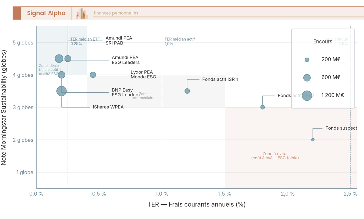Diagramme à bulles TER vs note Morningstar Sustainability pour fonds ISR : zones coût-qualité et signaux de greenwashing.