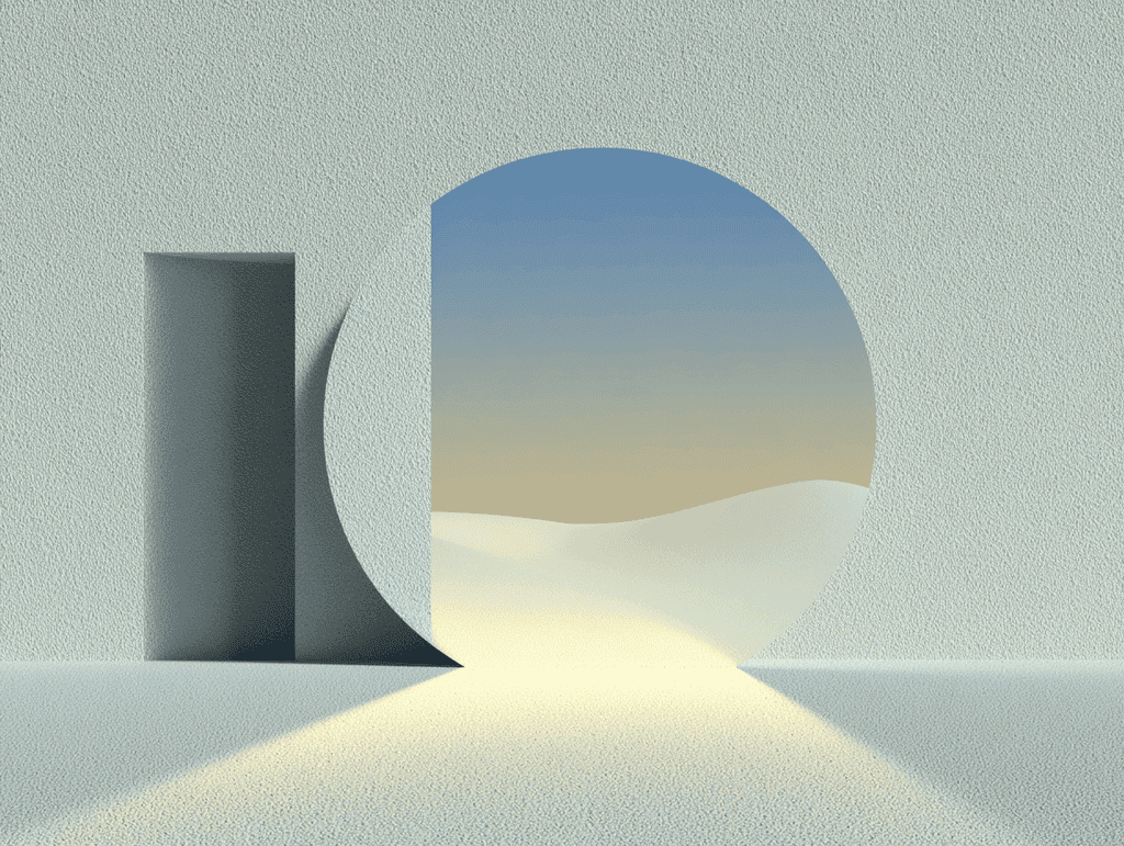 Rendu 3D beige minimaliste : une grande ouverture circulaire révèle un ciel dégradé bleu-sable au-dessus de dunes, à côté d'un bloc rectangulaire vertical projetant une ombre sur un sol lisse.