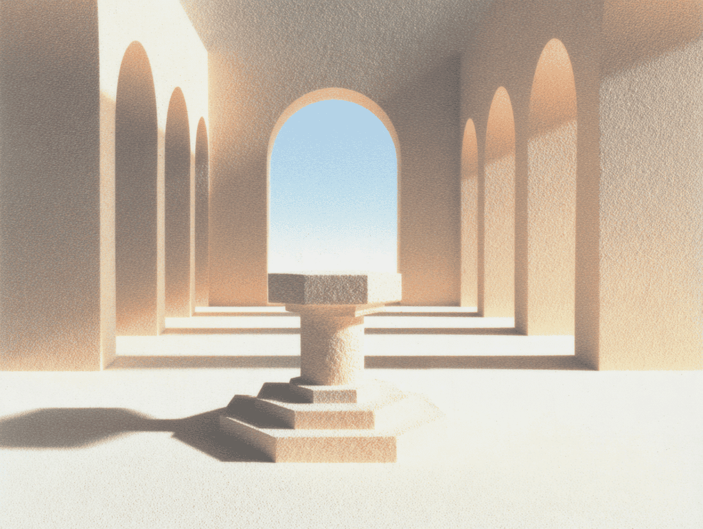 Petit piédestal cannelé sur marches au centre d'une arcade en perspective, arches récurrentes, palette sable beige et lumière rasante projetant de longues ombres.