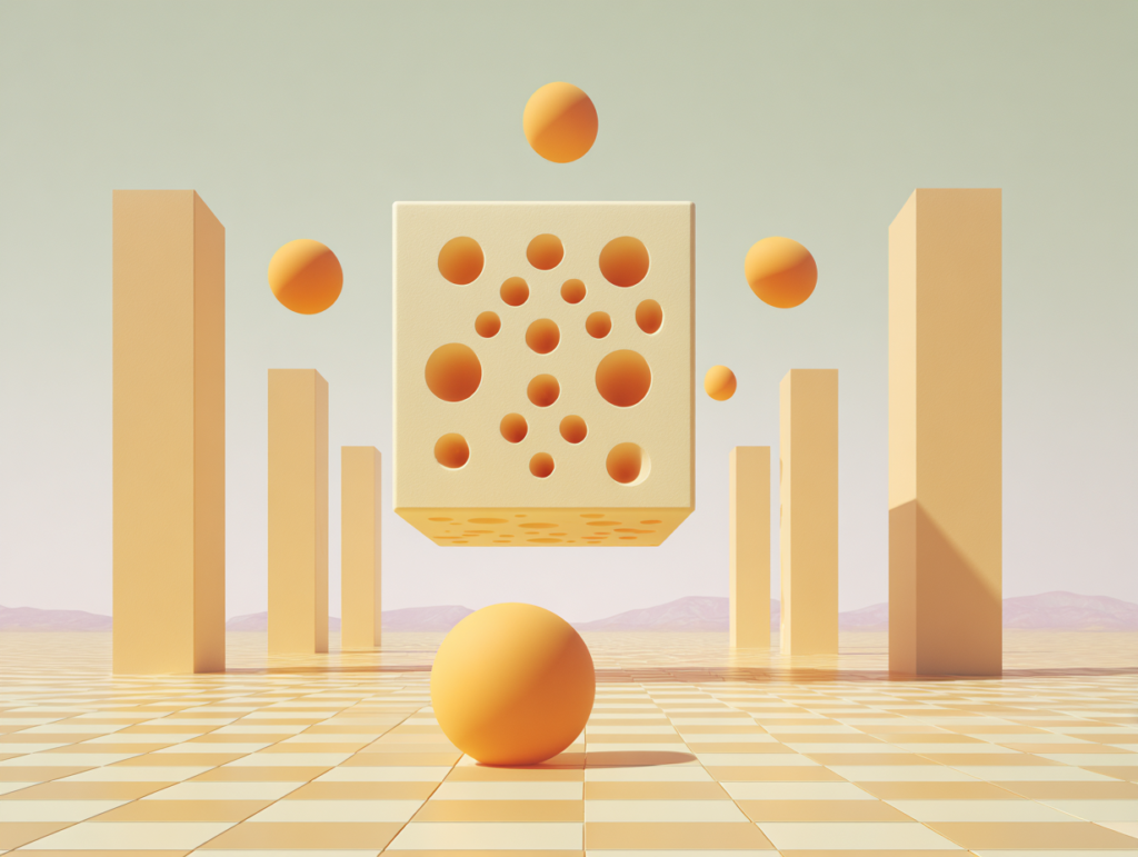 Disque perforé suspendu au-dessus d'un socle, sphères disposées en dessous, dalles rectangulaires en recul, deux obélisques encadrant une place vide