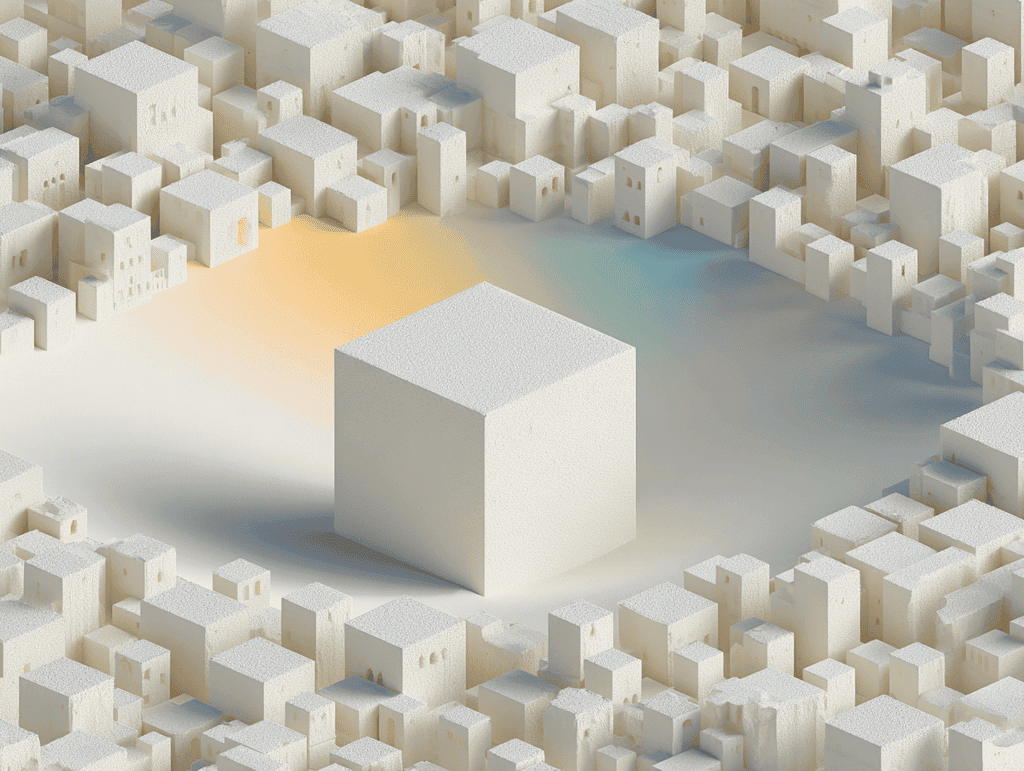 Rendu 3D beige et sable : un grand cube blanc isolé au centre d'une esplanade dégagée, cerné par une multitude de petits cubes serrés, avec un halo orangé et bleuté au sol.