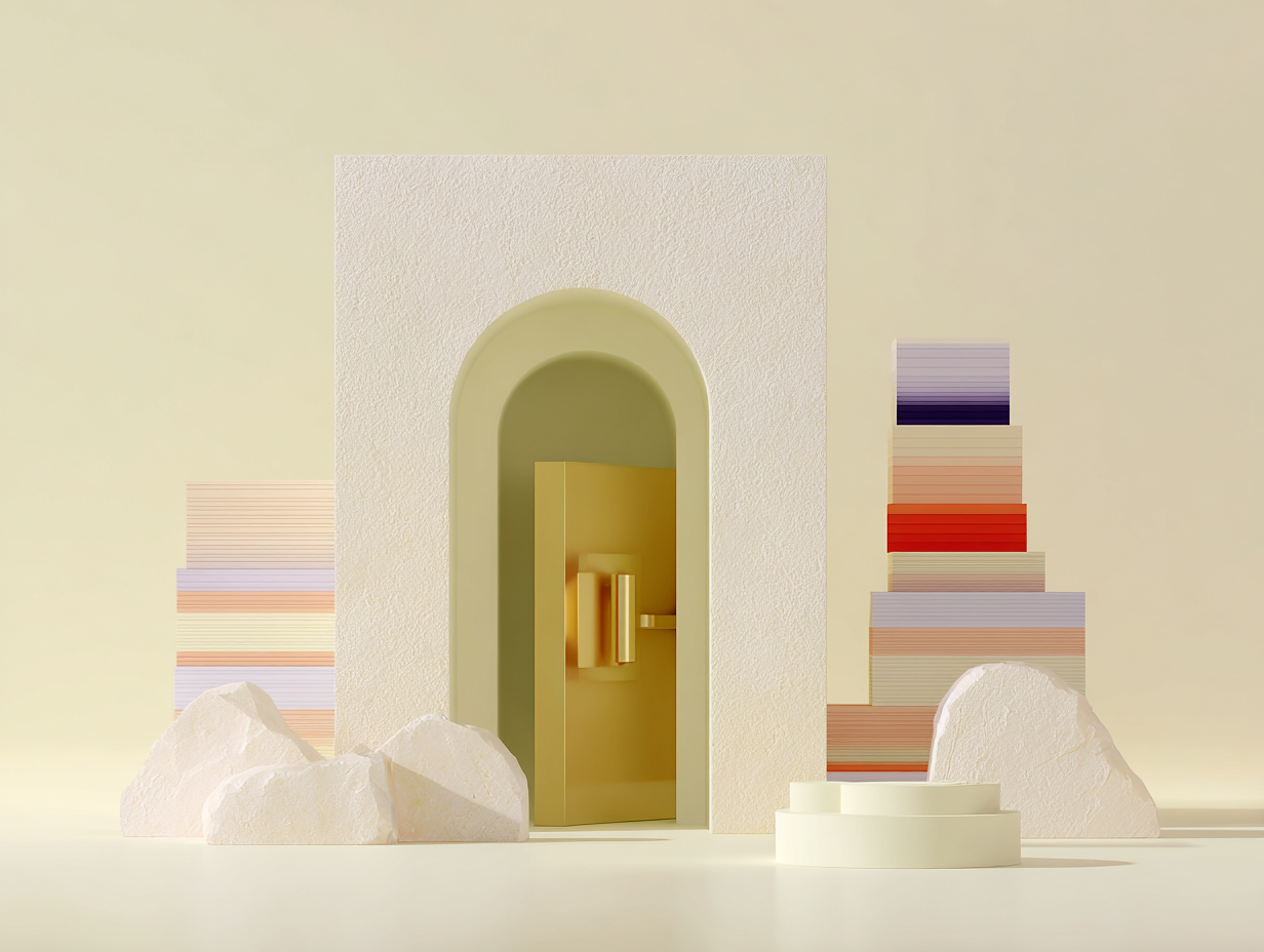 #1 alt_description
Plateforme basse empilée, rampes fines reliant des gradins géométriques, anneau suspendu sur une marche, demi‑cercle lointain, surfaces mates beige sable, éclairage doux.

#2 alt_description
Grand cuboïde mat partiellement ouvert, plaques rectangulaires empilées à l'intérieur, bande fine en arrière‑plan, texture micrograin, palette beige sable.

#3 alt_description
Diagramme en colonnes abstrait: prismes verticaux de hauteurs variées sur une base plate, plan mince incliné traversant, palette beige sable, surfaces mates.

#4 alt_description
Carte bancaire abstraite inclinée au premier plan, tuiles rectangulaires empilées au milieu, bande de petites kaches en arrière‑plan, palette beige, surfaces mates.