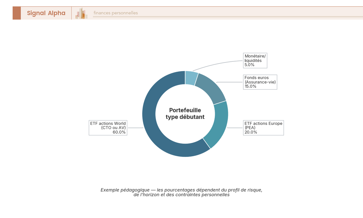 Diagramme en anneau montrant une allocation portefeuille débutant : ETF World 60 %, ETF Europe 20 %, fonds euros 15 %, liquidités 5 %.