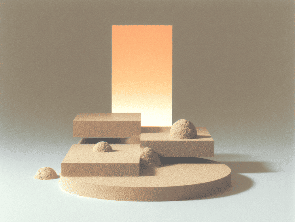 Composition 3D beige : panneau vertical lumineux ambré en fond, blocs rectangulaires empilés en gradins, sphères sableuses dispersées et disque circulaire plat à droite, lumière douce.
