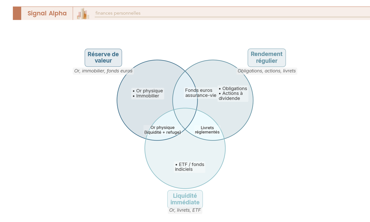 Diagramme de Venn à trois cercles positionnant or, obligations, actions et livrets selon leurs propriétés : réserve de valeur, rendement régulier et liquidité immédiate.