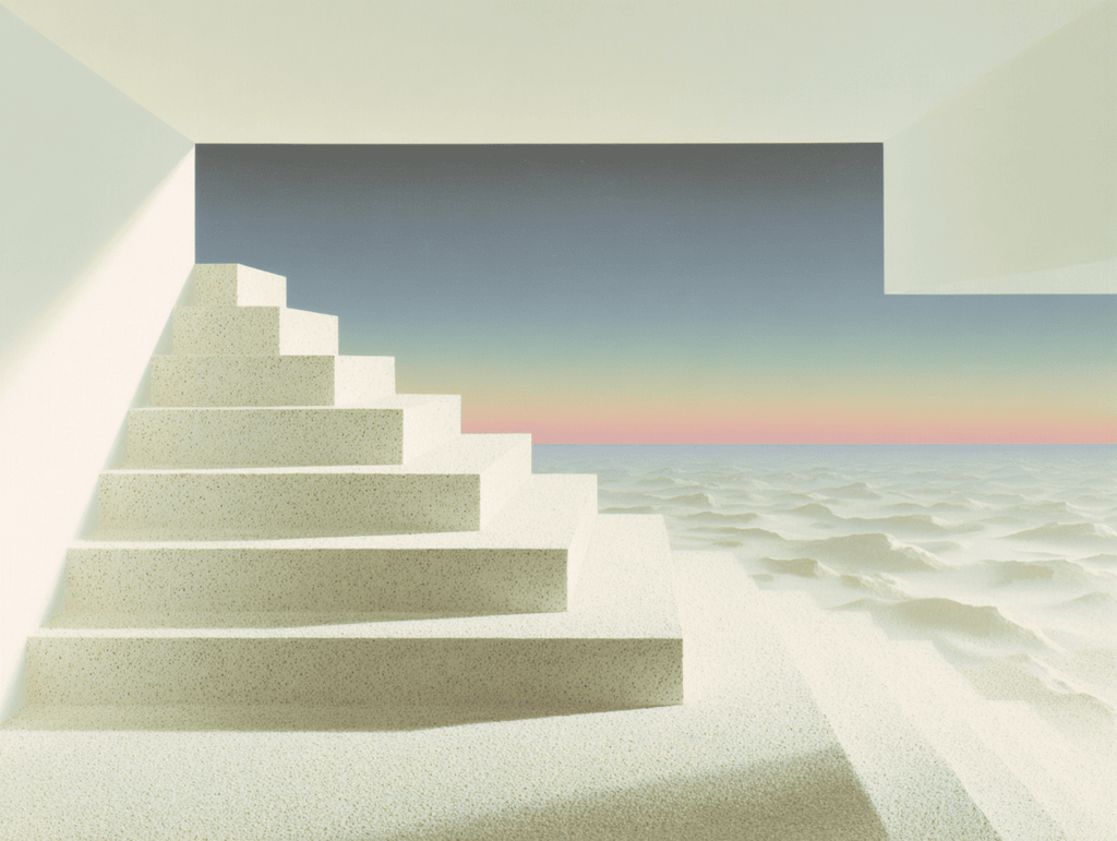 Composition 3D minimaliste : escalier beige clair montant en diagonale sur sable, ouverture rectangulaire dans un mur, ciel dégradé pâle bleu-rose.