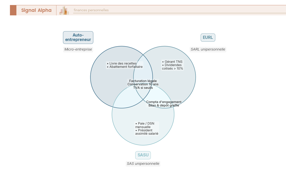 Diagramme de Venn à trois cercles (auto-entrepreneur, EURL, SASU) montrant les obligations comptables communes et celles propres à chaque statut, des mentions de facturation à la paie et au dépôt au greffe.
