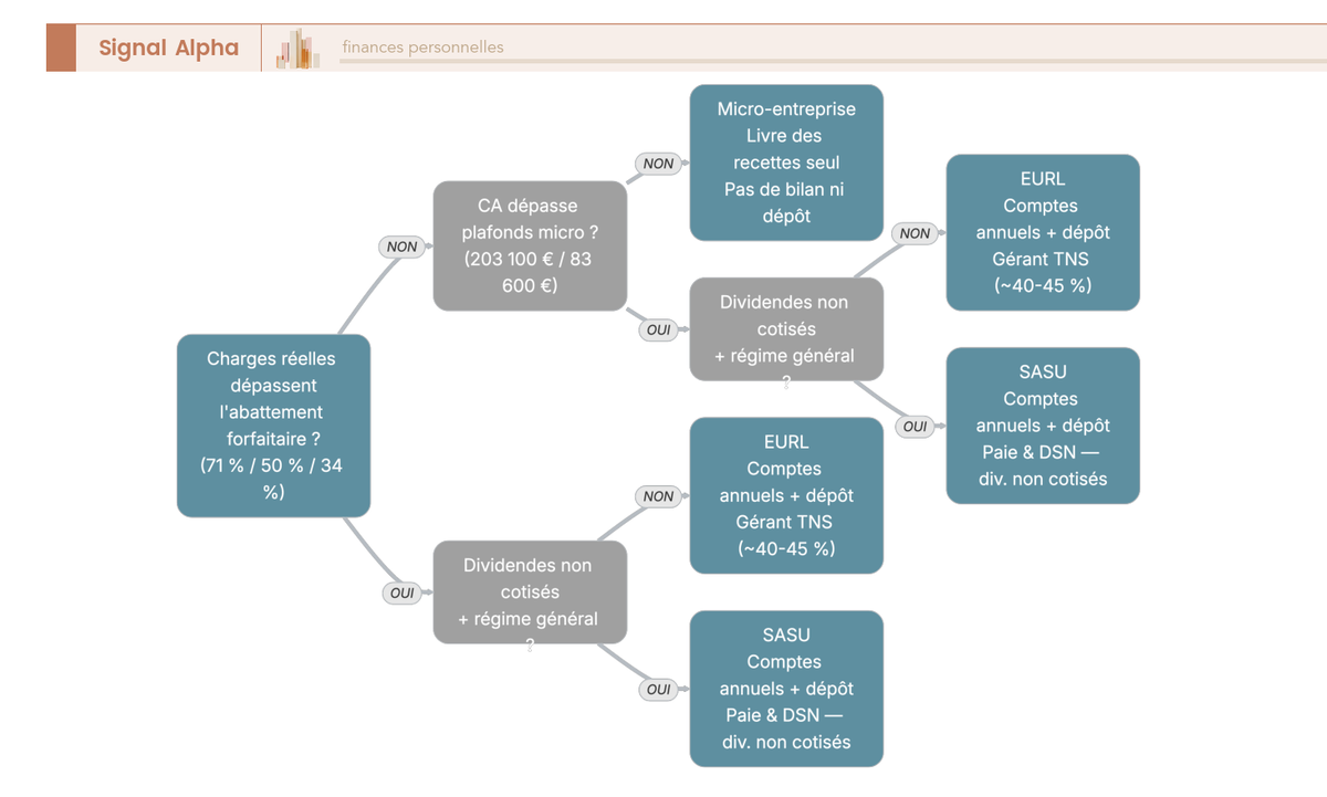 Arbre de décision menant de trois questions sur charges, dividendes et chiffre d'affaires vers les trois statuts micro-entreprise, EURL et SASU et leur niveau d'obligation comptable.