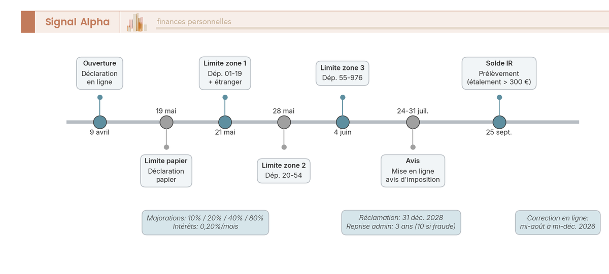 Frise chronologique horizontale d'avril à décembre 2026 marquant les jalons de la campagne déclarative par zone géographique, avec dates limites, mise en ligne des avis et prélèvement du solde.