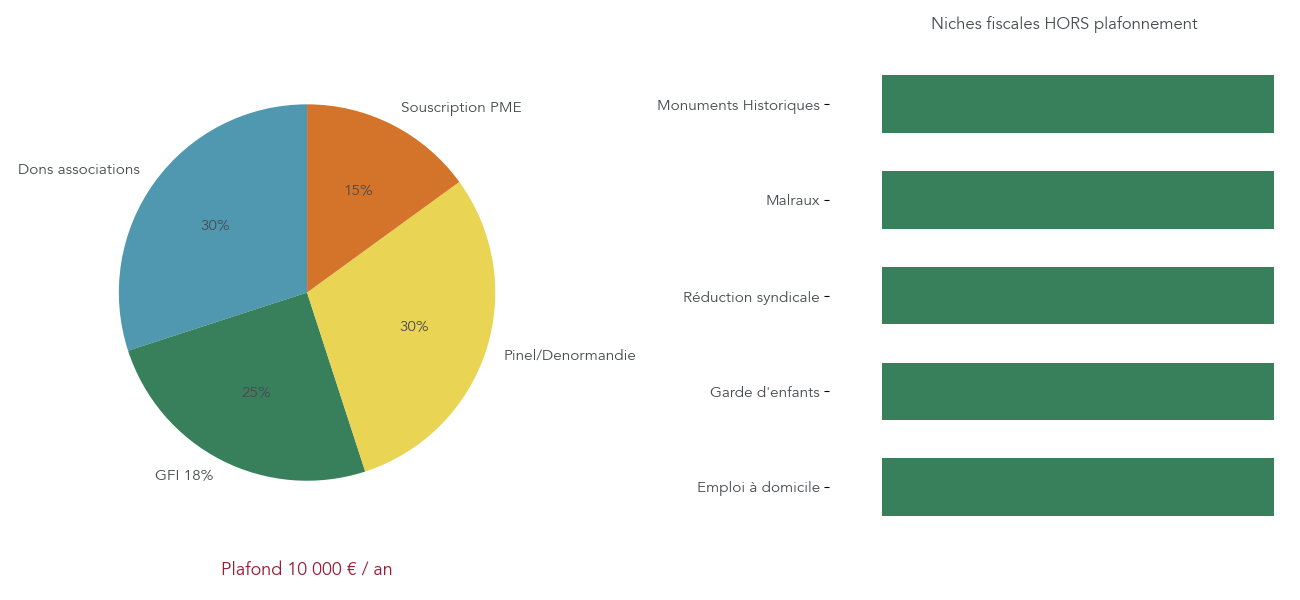Diagramme circulaire montrant la répartition du plafond des 10 000 € entre plusieurs niches fiscales et la liste des dispositifs exclus du plafonnement.
