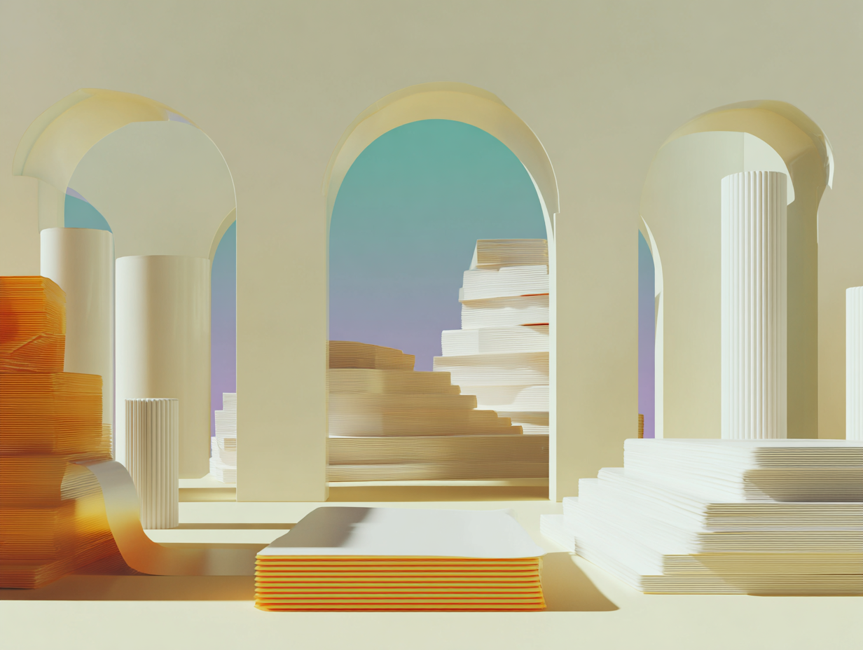 #1 alt_description
Trois coques arquées imbriquées devant une grande surface plane texturée, avec trois disques flottants au premier plan, composition géométrique minimaliste.
#2 alt_description
Cylindre lisse ouvert au premier plan, porte circulaire striée au centre, empilement de plaques plates en arrière, grande surface texturée.
#3 alt_description
Pile de disques circulaires empilés en colonne au centre, une seule pièce plate au premier plan, plaque allongée texturée en arrière-plan.
#4 alt_description
Rectangles plats empilés et décalés formant un paquet de cartes stylisé, stèles verticales régulières à droite, large surface texturée en arrière-plan.