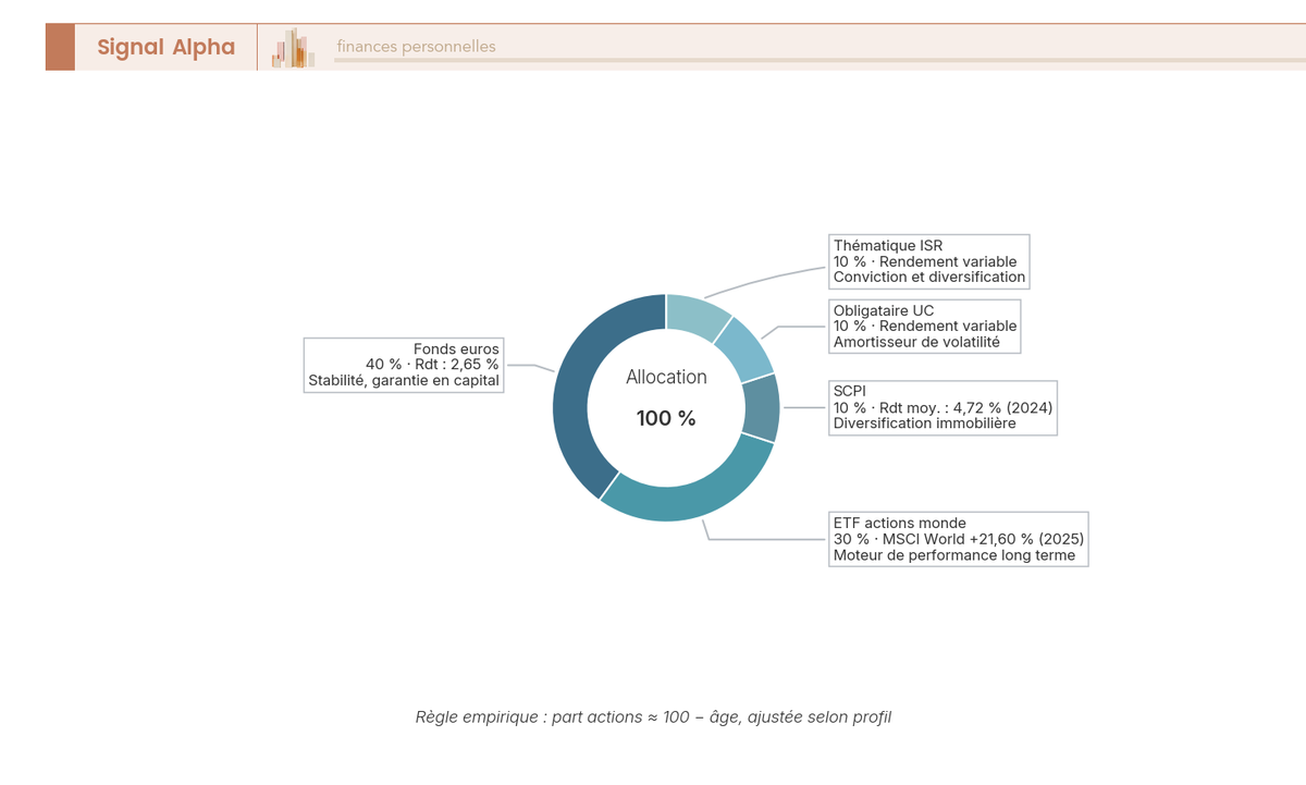 Anneau segmenté en cinq parts colorées indiquant 40 % fonds euros, 30 % ETF actions monde, 10 % SCPI, 10 % obligataire UC, 10 % thématique ISR, centre vide affichant 100 %.
