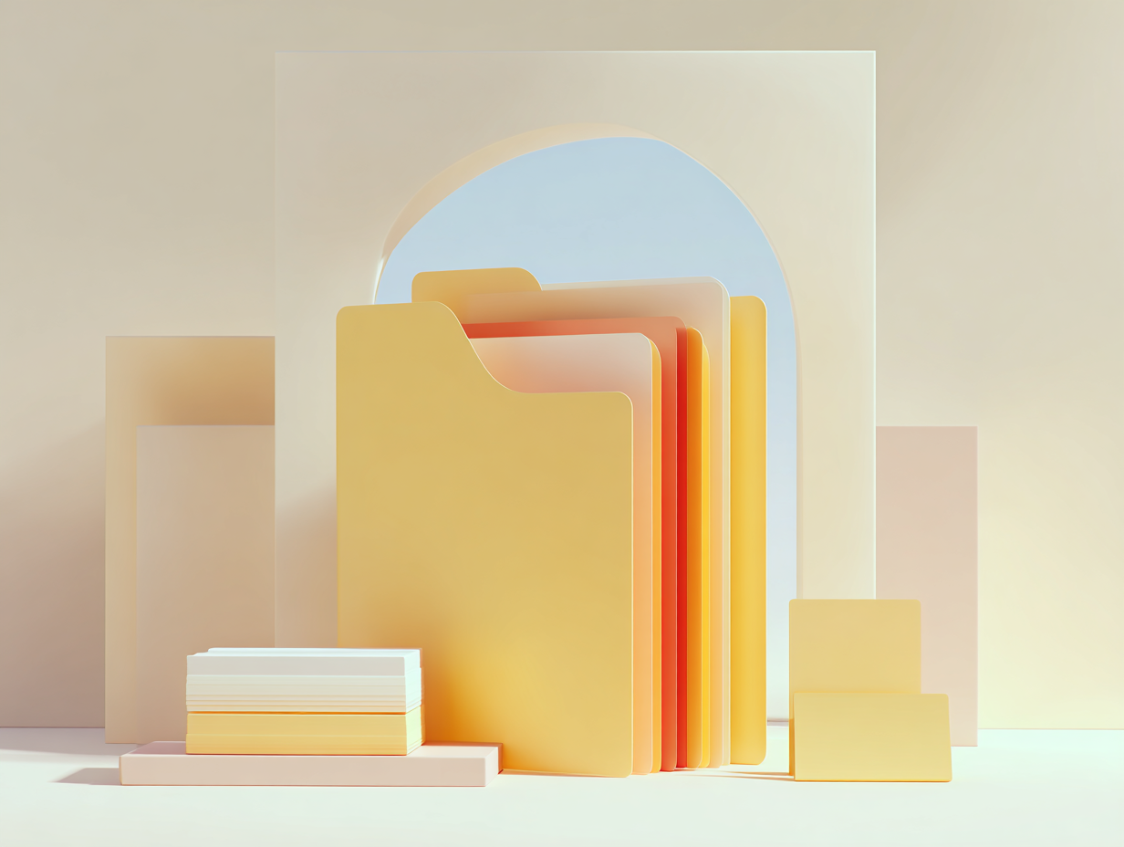 Pochette rectangulaire fermée stylisée représentant un contrat d'assurance-vie, plateforme fine, pile de cartes, surfaces mates ton sable.