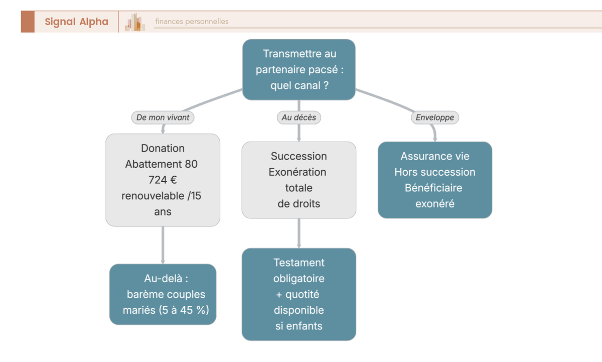 Arbre de décision comparant donation, succession et assurance vie comme canaux de transmission entre partenaires pacsés.
