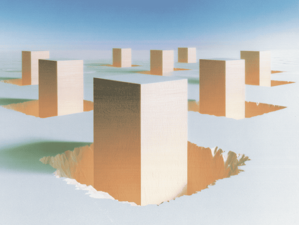 Monolithes rectangulaires beige et crème dressés sur un sol sableux ondulé, dispersés en avant-plan et au loin, sous un ciel pâle dégradé.
