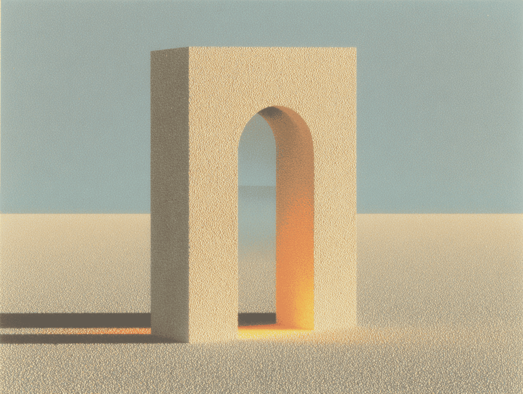 Mur monumental beige percé d'une arche à lumière orangée, posé sur sol sableux plat sous un ciel bleu-gris brumé.