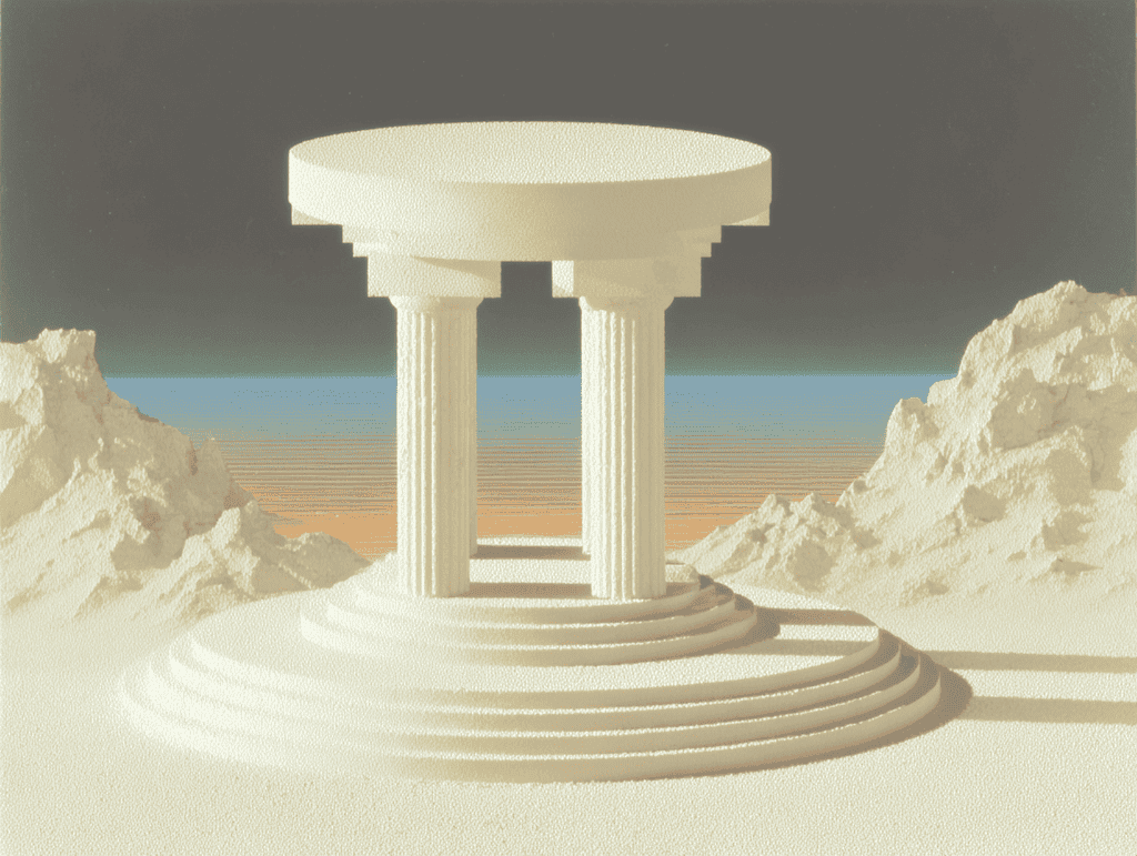 Pavillon circulaire à quatre colonnes blanches sur socle à gradins étagés, entouré de massifs rocheux blancs, devant un horizon sableux beige et orangé.