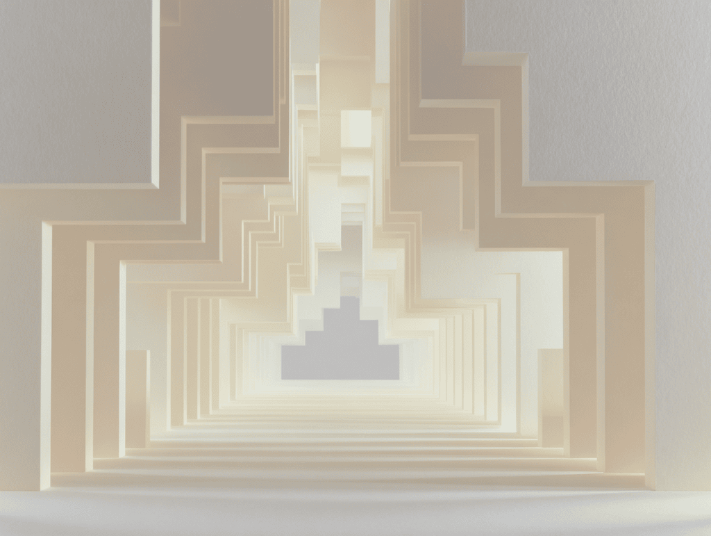 Tunnel de paliers croisés en cascade sur fond sable lumineux, une forme rectangulaire érigée au point de fuite central et réverbérations symétriques.