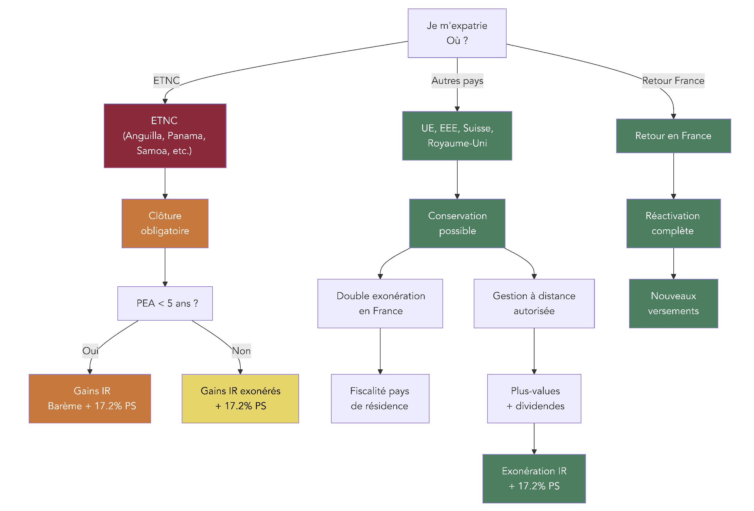Arbre de décision expliquant les options de conservation ou de clôture d’un PEA lors d’une expatriation selon le pays de destination, l’ancienneté du plan et l’importance des plus-values latentes.