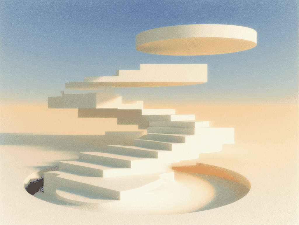 Escalier blanc en colimaçon flottant au-dessus d'un cercle clair, plateforme circulaire suspendue au sommet, fond bleu dégradé vers le sable.