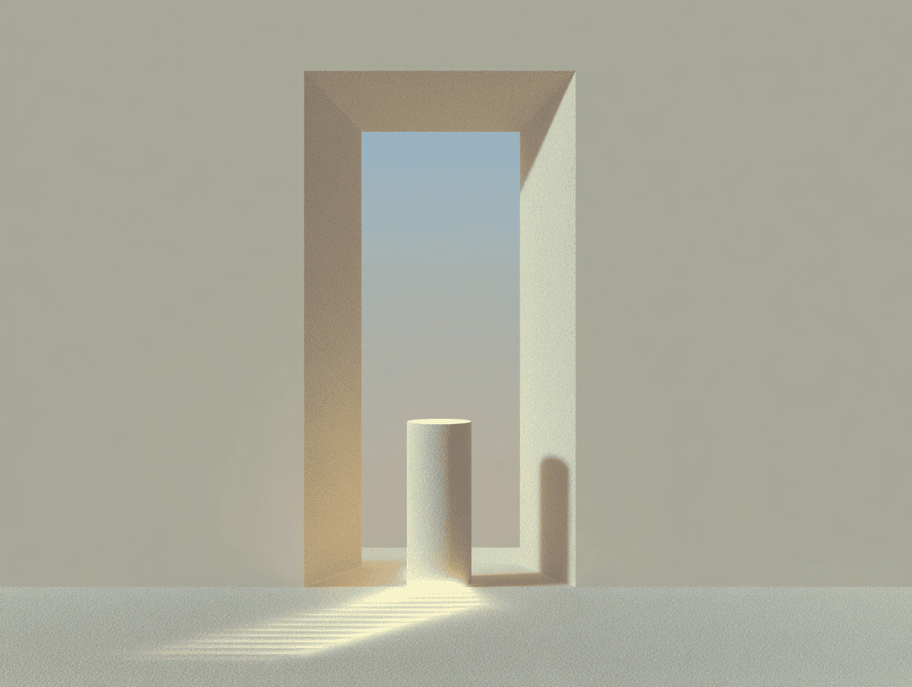 Encadrement architectural beige clair ouvert sur un fond dégradant vers le bleu pâle, petit cylindre vertical clair posé au pied du seuil, ombres douces portées sur le sol sableux.