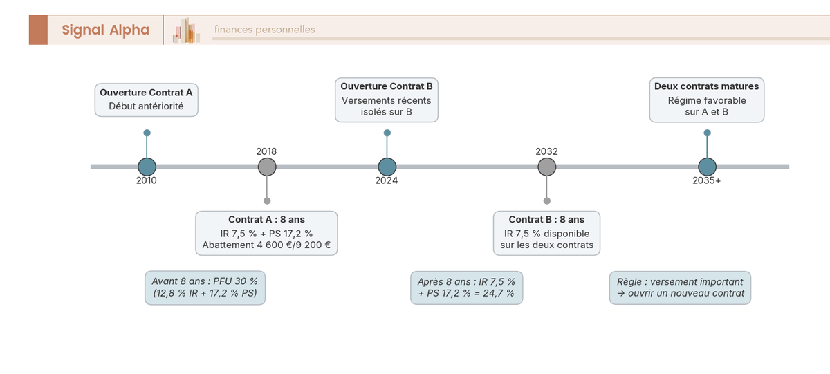 Frise chronologique 2010–2035 avec deux contrats d'assurance-vie : Contrat A (2010, 8 ans en 2018) et Contrat B (2024, 8 ans en 2032).