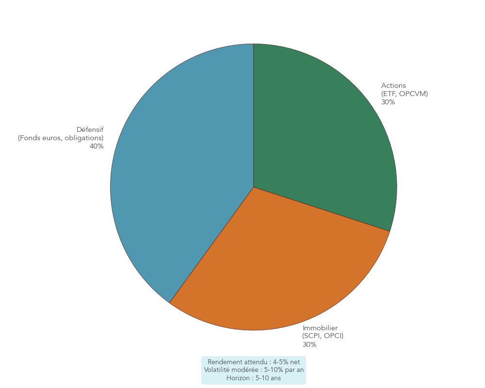 Camembert illustrant une allocation type équilibrée 40 % défensif, 30 % immobilier, 30 % actions pour un capital issu d’une vente immobilière.
