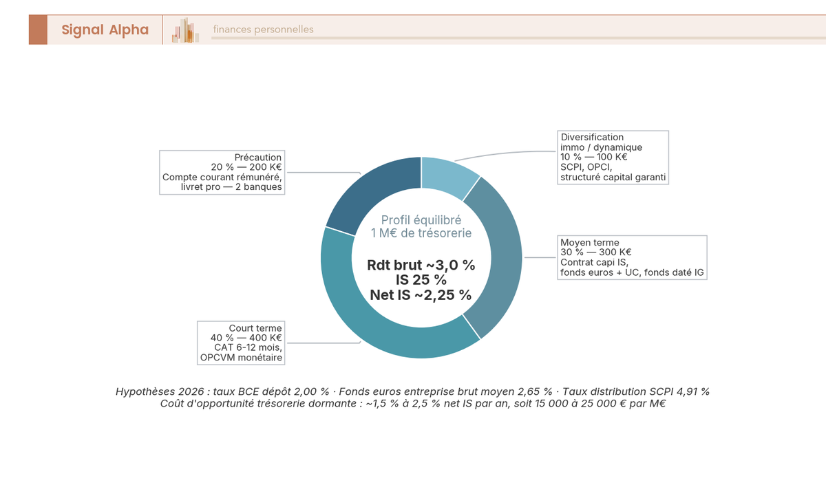 Diagramme en anneau représentant l'allocation cible d'une PME disposant de 1 M€ de trésorerie excédentaire selon le profil équilibré. Quatre segments : Précaution 20 %, Court terme 40 %, Moyen terme 30 %, Diversification 10 %.