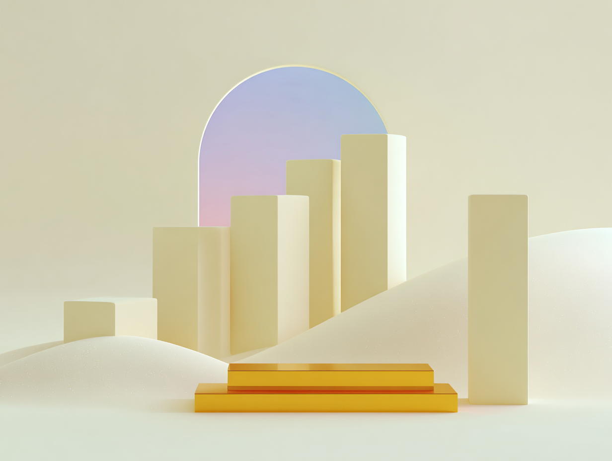 #1 alt_description
Trois disques plats décalés, cube flottant incliné, barres diagonales fines, plans empilés en arrière, surfaces mates et grand espace vide.

#2 alt_description
Cube central avec disque circulaire en creux sur la face, dalles fines empilées au premier plan, plan plat en arrière, surfaces mates lisses.

#3 alt_description
Socle circulaire avec blocs rectangulaires empilés représentant des immeubles stylisés (SCPI), cubes secondaires, plan incliné en arrière, surfaces mates.

#4 alt_description
Colonnes de barres ascendantes abstraites sur socle, plaque rectangulaire évoquant une carte de compte-titres (CTO), plan arrière élevé, surfaces mates.