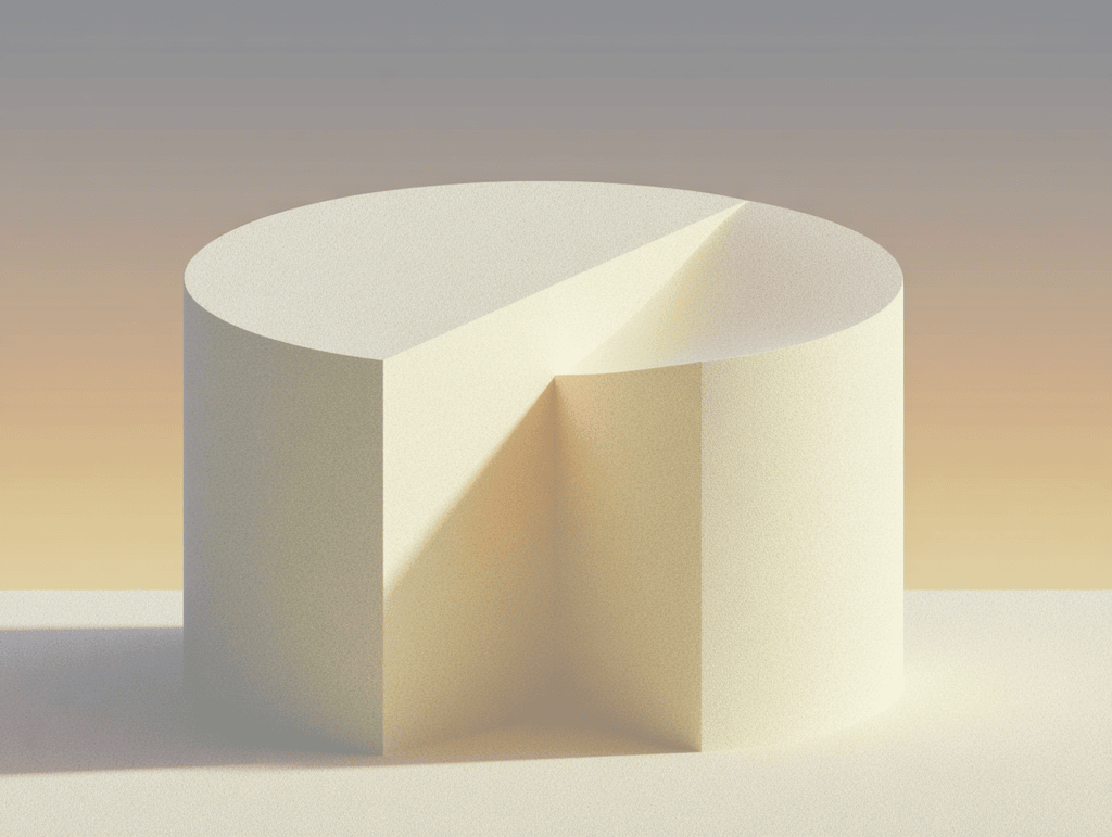 Cylindre 3D beige posé sur fond sableux, avec une part triangulaire retirée laissant un creux net au centre, palette monochrome dégradée du sable clair au pâle.