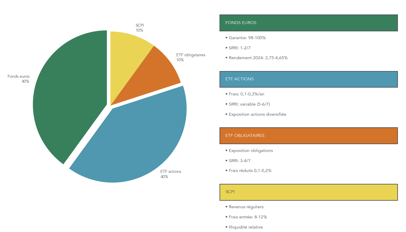 Camembert montrant une allocation type d’un PER équilibré entre fonds euros, ETF actions, ETF obligataires et SCPI