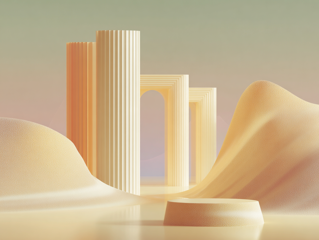 Drei stilisierte Säulenfassaden mittig mit unterschiedlicher Breite, offener Bogen im Hintergrund, matte Sandoberflächen