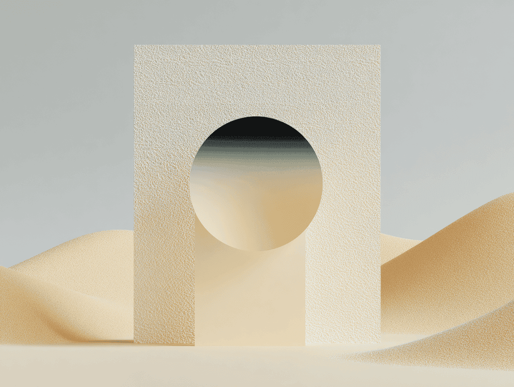 Panneau rectangulaire beige dressé sur une surface ondulée couleur sable, percé d'un cercle laissant voir un dégradé du sombre au clair, ombres douces, fond uni.