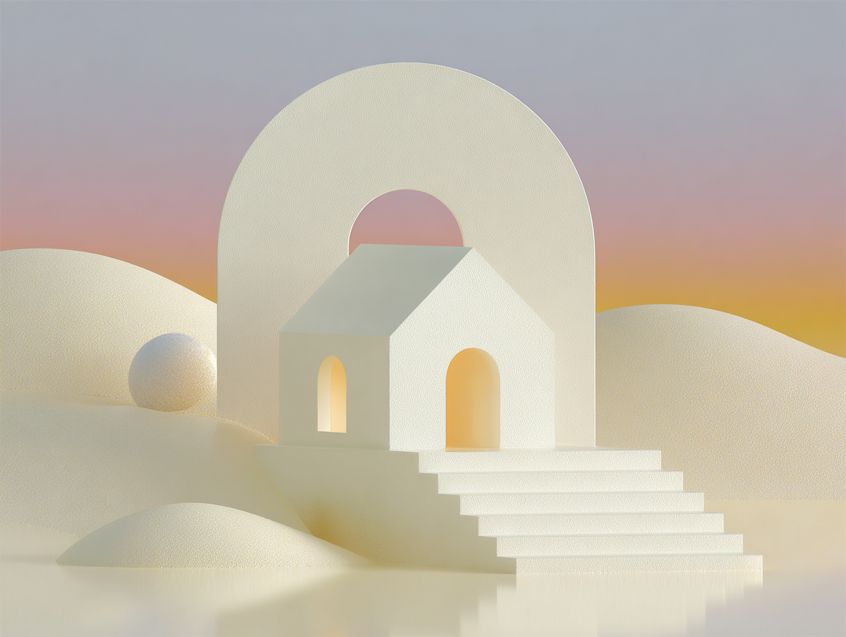 Maison miniature abstraite sur socle plat, estrades en gradins et dalles inclinées à l'arrière, grande vitre à l'arrière-plan, surfaces beiges mates.