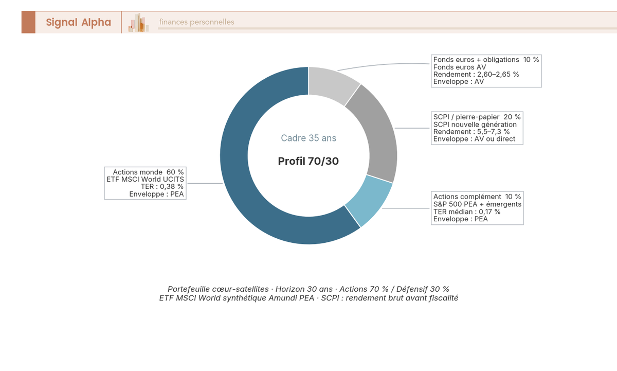 Diagramme en anneau présentant l'allocation cible coeur-satellites d'un portefeuille retraite 70/30 pour un cadre de 35 ans à horizon 30 ans.