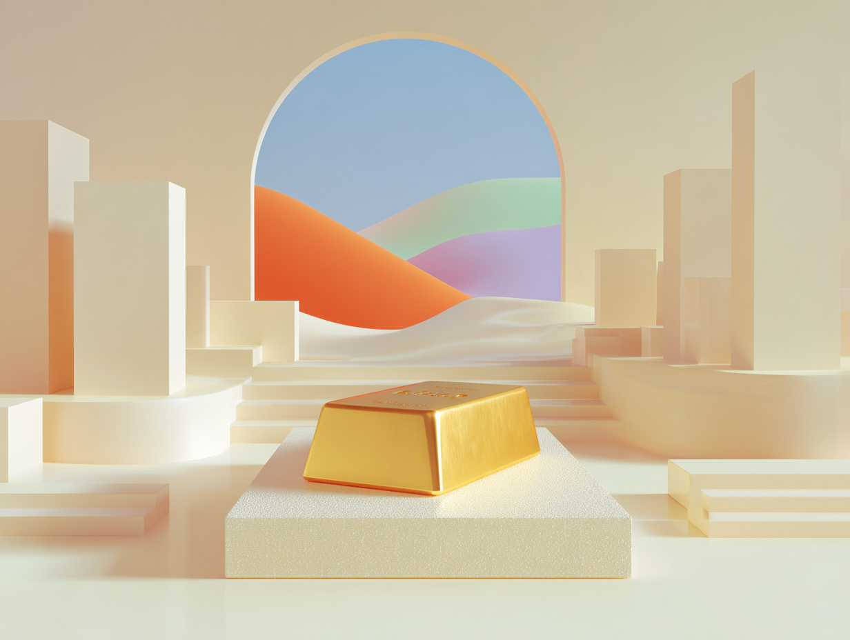 Lingot d'or minimaliste posé sur un socle circulaire, surfaces mates, plaques basses en arrière-plan, éclairage doux et espace vide.


