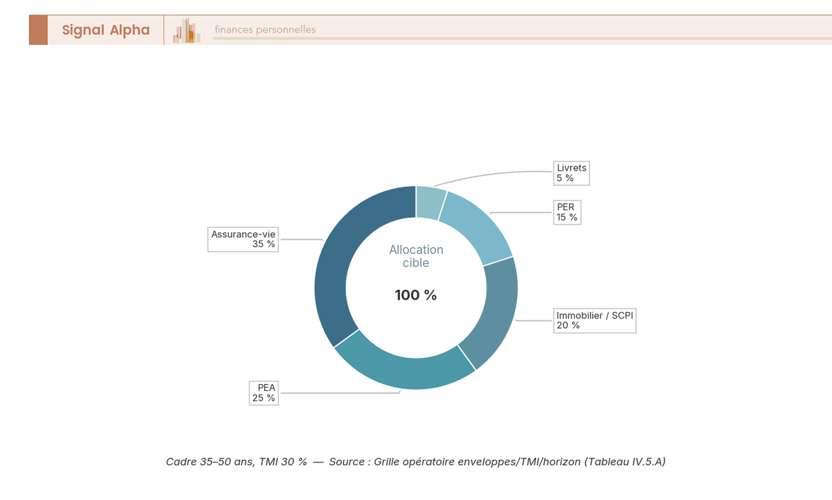 Diagramme en anneau de l'allocation patrimoniale cible à 45 ans pour une TMI 30 %, répartie entre AV, PEA, immobilier, PER et livrets.
